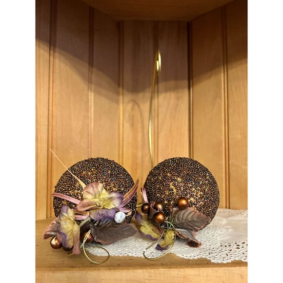 Set Of 2 Beaded Burgundy Purple Christmas Bulbs Balls Ornaments Silk Flower - Picture 2 of 5